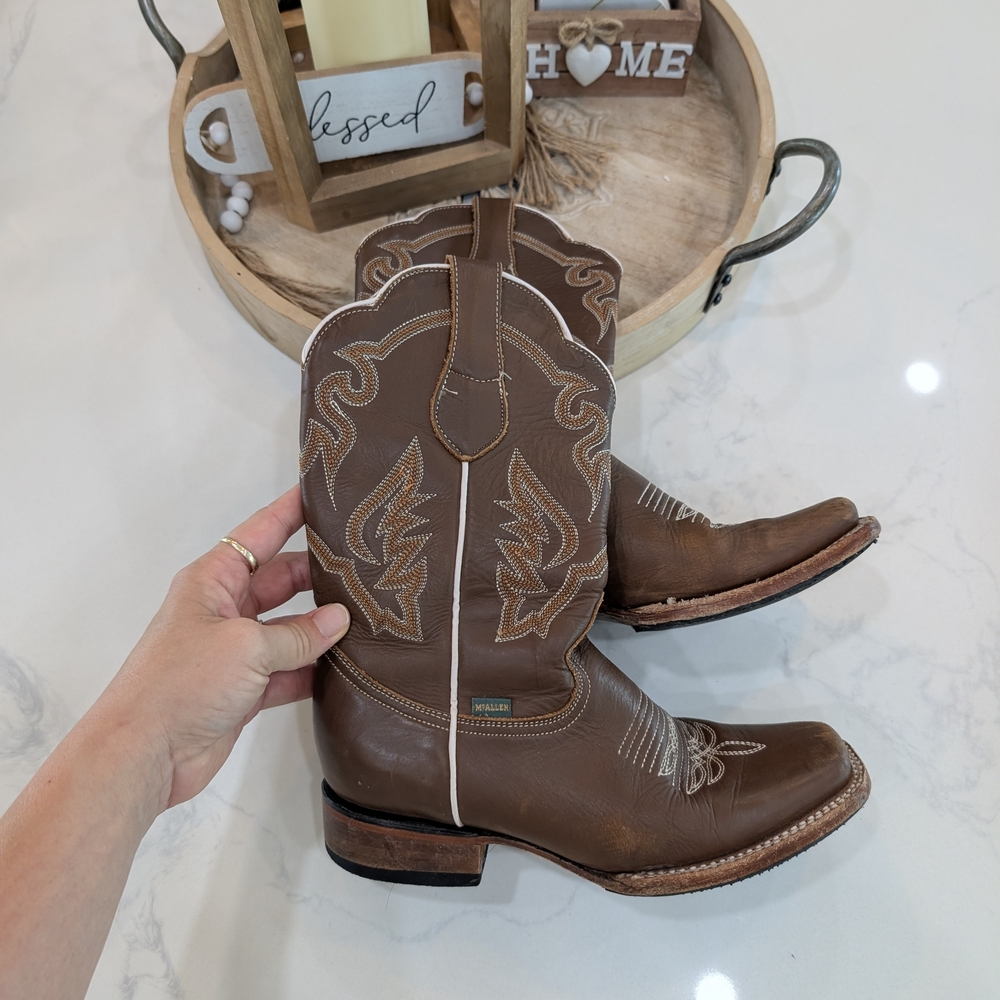 McAllen Brown Square Toe Cowboy Boots Size 7 - Picture 2 of 7